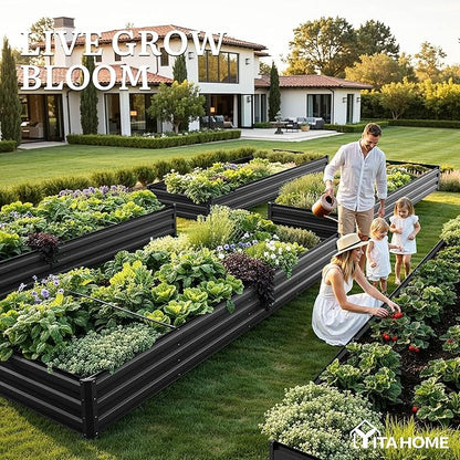 YITAHOME 4pcs 12x4x1 ft Galvanized Raised Garden Bed Kit, Large Metal Planter Box with Gloves, Safety Rubber & Support Rod, Outdoor Flower Bed for Plants Vegetables, Black