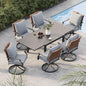 Grand patio 7-Piece Outdoor Dining Set, 6 Leather-Look Wicker Swivel Patio Chairs & 1 Rectangular Dining Table, Black