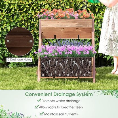 Giantex Vertical Raised Garden Bed, 3 Wood Planter Boxes for Flower Vegetable Fruit Herb, Freestanding Garden Planter with Drain Holes, Elevated Raised Beds for Indoor Outdoor Lawn Patio Yard, Brown