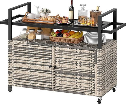 DWVO XXL Patio Storage Cabinet,Outdoor Bar Cart with Glass Top,Outdoor Storage Cabinet with Wheels for Patio, Poolside and Backyard, Grey