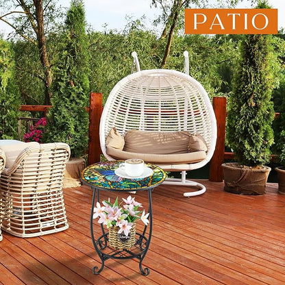 Outdoor Side Table Round Small Mosaic Patio Accent Indoor End Plant Coffee Tea Table for Yard Patio Porch Garden Living Room, Bedroom(Butterfly Style,14 Inch)