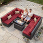 NICESOUL 9 Piece Plus Size Outdoor Patio Conversation Set with Firepit Natural Gas/Propane, 29.3'' High Back Modular Sectional Sofa Sets, Heavy Duty Backyard Furniture, 2 Color Cushion Red & Grey