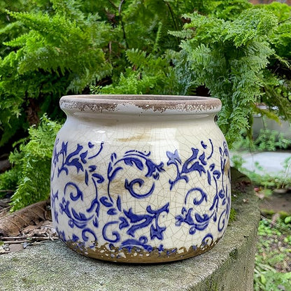 Flower Pot,Vintage Ceramic Pot for Planter with Drainage Holes, 6.29 inch Ice Crack Glazed Indoor Planters Pot for Indoor,Tuscan Home Decor,Gardening Gifts,Blue and White (Tropical)