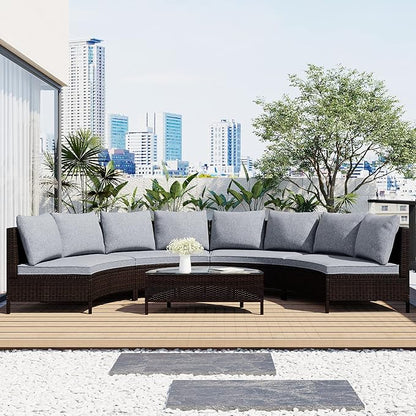 Merax 5-Piece Outdoor Sectional Sofa Set, All-Weather PE Wicker Patio Furniture with Tempered Glass Table, Half-Moon Conversation Set for Garden, Deck, Backyard Living Area,Grey
