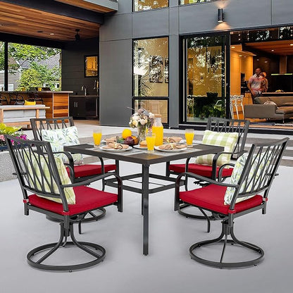 NUU GARDEN 5 Piece Outdoor Dining Set, Outdoor Furniture Set for Square Iron Umbrella Dining Table and 4 Cushioned Swivel Chairs, Black and Red Cushion