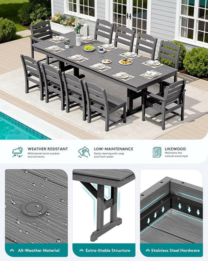 SERWALL 11 Piece Outdoor Dining Set, 84" HDPE Outdoor Table and Chairs for 10，All Weather Patio Furniture Set with Umbrella Hole for Backyard, Garden, Gray