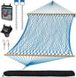 SUNCREAT Polyester Rope Hammock with Bamboo Spreader Bar, Carrying Bag, 450 lbs Capacity, Two Person Hammock with Tree Hooks, Blue