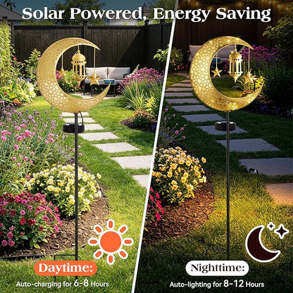 Lewondr 2Pcs Ramadan Solar Lights, Ramadan Decorations Outdoor, Metal Yard Signs LED Eid Decorations Mubarak Star Moon Lantern, Waterproof Solar Garden Stakes Lights for Walkway Lawn Patio