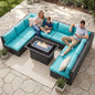NICESOUL Extra Large 9 Piece Patio Furniture Set with Fire Pit Table Natural Gas & Propane, 29.3'' High Back Rattan Outdoor Conversations, 8 Seater Modular Sofa Set, 2 Color Cushions Turquoise & Gray