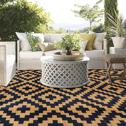 SAND MINE Reversible Mats, Plastic Straw Rug, Modern Area Rug, Large Floor Mat and Rug for Outdoors, RV, Patio, Backyard, Deck, Picnic, Beach, Trailer, Camping, Black & Brown, 9' x 12'