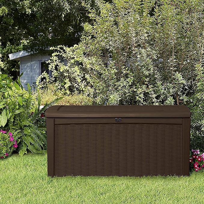 Deck Box, 110-Gallon Brown Resin Storage with Lockable Lid