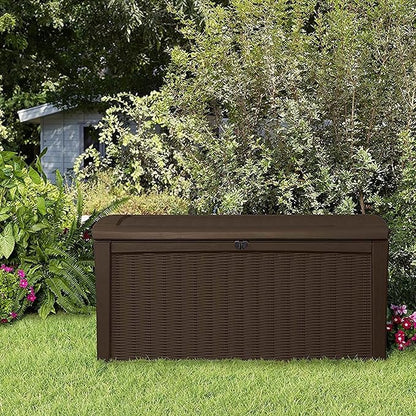 Deck Box, 110-Gallon Brown Resin Storage with Lockable Lid