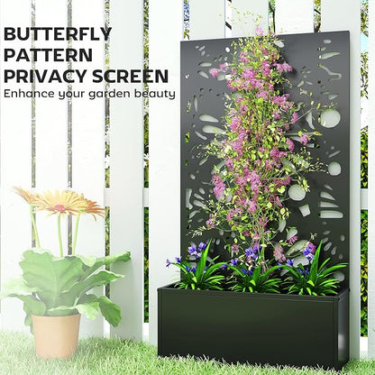 Outsunny Metal Raised Garden Bed with Trellis for Climbing Plants, Freestanding or Wall Mounted Flower Bed with Privacy Panel, Butterfly Cut-Out Outdoor Planter Box for Garden, Patio, Balcony