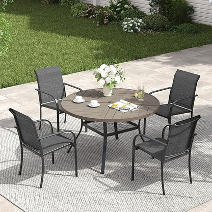 VICLLAX Patio Table and Chair Set of 4, All Weather Metal Round Outdoor Dining Furniture Set-40.6" Round Outdoor Table and Chairs, Grey Wood Grain Tabletop