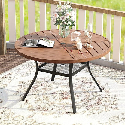 VICLLAX Round Patio Table with Adjustable Umbrella Hole for 4, All Weather Metal Outdoor Dining Table for Lawn Garden, 40.6" Outdoor Coffee Table, Walnut Wood-Like Tabletop