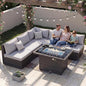 Nicesoul 6 Piece L Shaped Outdoor Patio Set with Firepit Table Natural Gas & Propane Convertible, 29.3'' High-Back Rattan Sectional Sofa, All Weather Deep Seats XL Large Conversation for Outside, Grey