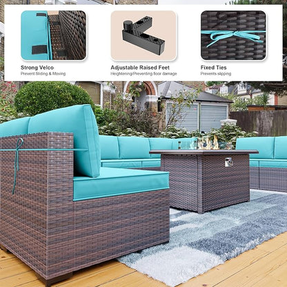 Kullavik 10 Pieces Outdoor Patio Furniture Set with 43" 55000BTU Gas Propane Fire Pit Table PE Wicker Rattan Sectional Sofa Patio Conversation Sets,Blue