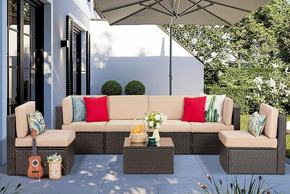 Vongrasig 7 Pieces Patio Furniture Sets, Outdoor Patio Conversation Set PE Rattan Wicker Sectional Sofa Couch with Glass Coffee Table for Garden, Poolside, Backyard, Beige