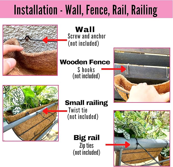 LaLaGreen Large Wall Planter Outdoor - 2 Pack, 14 Inch Large Fence Hanging Flower Baskets with Coco Liner, Herb Pots Holder Rail Planter Outside Railing Deck Porch Balcony Vertical Garden Privacy Wall