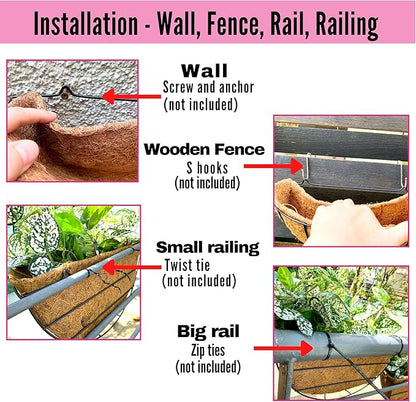LaLaGreen Wall Hanging Planter, 2 Pack, 12 Inch Wall Mounted Flower Basket with Coco Liner for Outdoor Plants, Black Metal Wire Rail Herb Pot Holder Fence Railing Deck Porch Balcony Garden Patio Decor