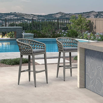 PURPLE LEAF Outdoor Rattan 29" Bar Stools Set of 2, Modern Boho Aluminum Patio Bar Height Chair with Cushion and Back for Garden Outdoor and Indoor, Smoke Grey