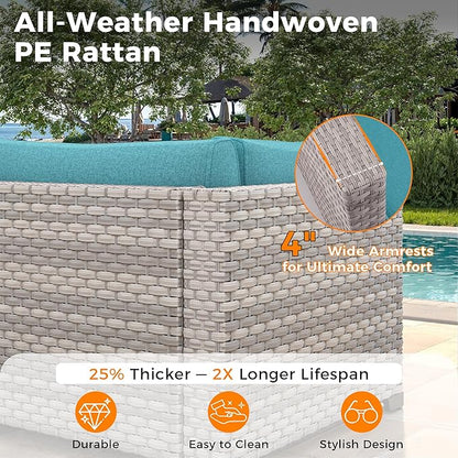 6-Seat Modern Outdoor Wicker Rattan Patio Furniture Set with 55,000 BTU Fire Pit Table, Thick 4″ Cushions, All-Weather Dual-Strand Rattan, Rust-Resistant Steel Frame,Blue