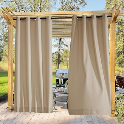 NICETOWN Canvas Outdoor Curtains for Paito 2 Panels, Taupe, W52 x L84 per Panel - Waterproof & Windproof Sun Shades with Grommet & Back Tab & Rod Pocket, Free Rope Included for Bottom Fixing