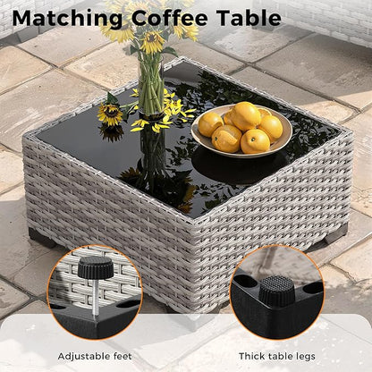 6-Seat Modern Outdoor Wicker Rattan Patio Furniture Set with 55,000 BTU Fire Pit Table, Thick 4″ Cushions, All-Weather Dual-Strand Rattan, Rust-Resistant Steel Frame,Gray