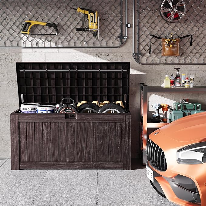 Deck Box 120 Gallon Outdoor Storage Bin with Lid, Dark Brown Resin