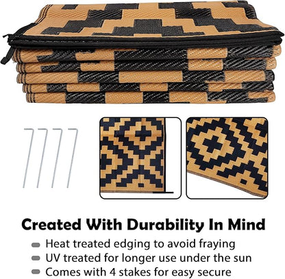 SAND MINE Reversible Mats, Plastic Straw Rug, Modern Area Rug, Large Floor Mat and Rug for Outdoors, RV, Patio, Backyard, Deck, Picnic, Beach, Trailer, Camping, Black & Brown, 9' x 12'