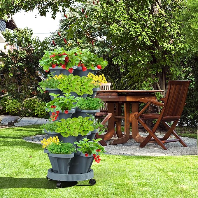 Strawberry Vertical Planters Tower Garden 3 Pack, 7 Tiered Stacking Herb Vegetable Planter with Support Pole Indoor and Outdoor - Dark Grey