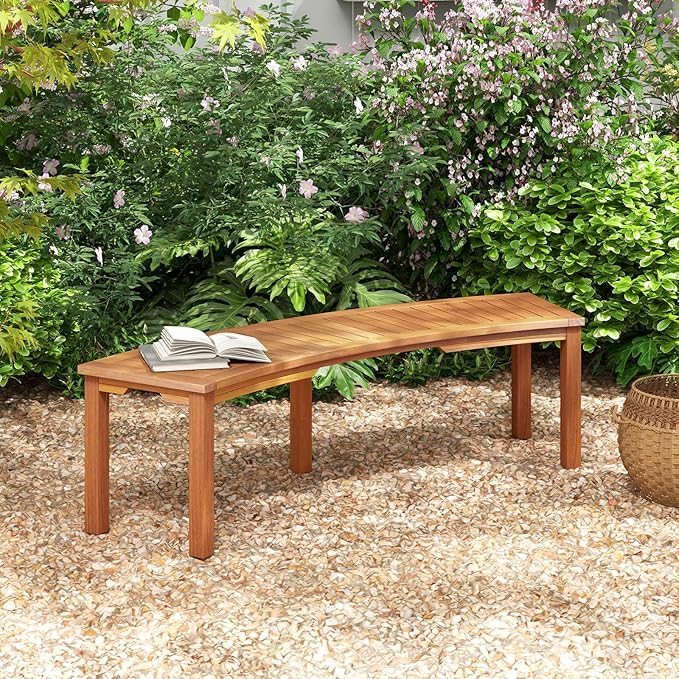 Tangkula Outdoor Curved Bench, Acacia Wood Fire Pit Bench w/Slatted Seat, Patio Backless 2-Person Seating for Porch, Yard, Garden, 800 LBS Max Load, Oil Painted (2, 58")