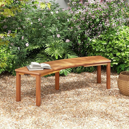 Tangkula Outdoor Curved Bench, Acacia Wood Fire Pit Bench w/Slatted Seat, Patio Backless 2-Person Seating for Porch, Yard, Garden, 800 LBS Max Load, Oil Painted (4, 58")