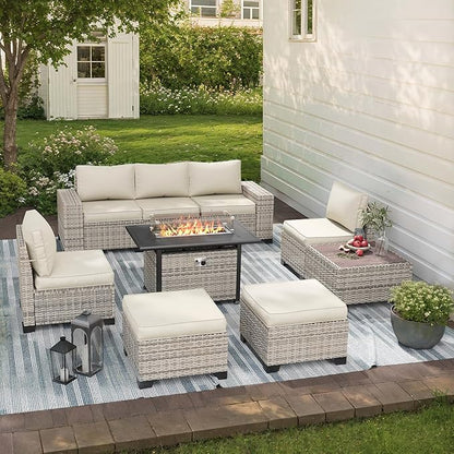 9-Piece Outdoor Patio Furniture Set with 55,000 BTU Fire Pit Table, PE Wicker Rattan Sectional Sofa Patio Conversation Set with Ottomans & Coffee Table, White
