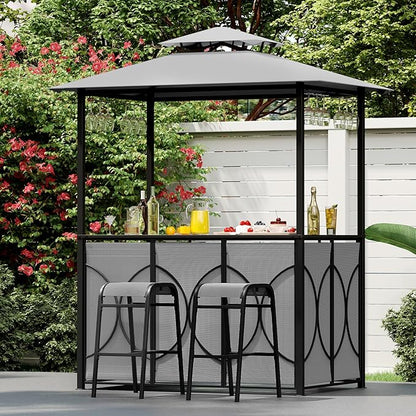 Tangkula 3-Piece Patio Bar Set, Grill Gazebo & 2 Bar Stools with Tempered Glass Bar Table, Metal Storage Shelves, Glass Holders, Double-Tier Soft Top Canopy BBQ Gazebo Shelter for Patio Garden (Grey)