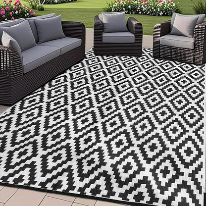 SAND MINE Waterproof Outdoor Rug 8x10 ft, Plastic Reversible Rug, Modern Area Rug, Large Floor Mat for Outdoors, RV, Patio, Backyard, Deck, Picnic, Beach, Camping (8' x 10', Black & White Lattice)
