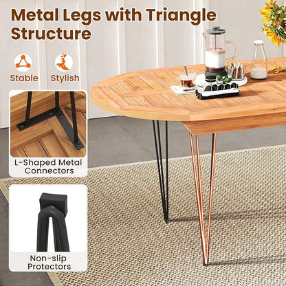 Tangkula 71" Outdoor Dining Table for 6, Oval Teak Wood 6 Person Patio Table with 2" Umbrella Hole, Metal Legs, Safety Locks and Wood Tabletop, Outside Table for Garden, Poolside & Backyard