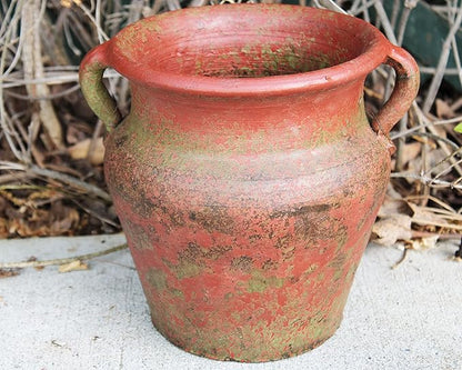 Egyptian Era Designed Earthen Ware Terra-Cotta Vessel/Planter with Looped Handles (Flared Lip Distressed Red Earth)
