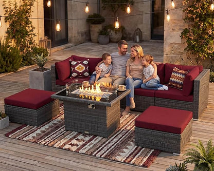 NICESOUL 7 Piece Oversized Patio Furniture Sofa Set with Fire Pit Table Propane Natural Gas Convertible, 29.3'' High Back Sturdy Outdoor Conversation for Heavy People, 2 Color Cushion Wine & Gray