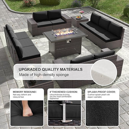 Kullavik 13 Pieces Outdoor Patio Furniture Set with 43" 55000BTU Gas Propane Fire Pit Table PE Wicker Rattan Sectional Sofa Patio Conversation Sets,Black