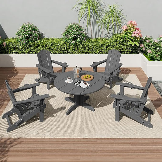 SERWALL Outdoor Round Coffee Table Set, 5-Piece Outdoor Coffee Table and Adirondack Chair with Cup Holders Gray