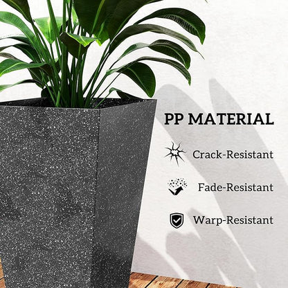 Outsunny 28 Inch Tall Planters for Outdoor Plants, Set of 3 Plastic Flower Pots with Marble Finish and Drainage Holes, Stackable Tapered Large Planters for Indoor Plants, Front Porch Decor, Black