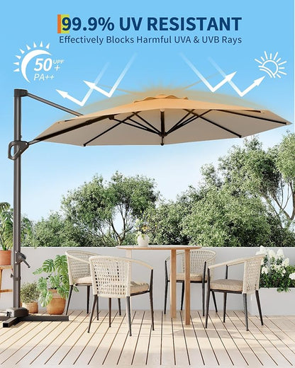 GarveeLife 10FT Patio Umbrella Outdoor Large Cantilever Umbrella Market Sun Shade Windproof Offset Umbrella with 360-Degree Rotation for Garden Deck Pool Patio, Tan