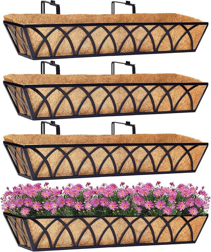 30 Inch Window Deck with Coco Liner Set of 4, 30" Window Boxes Horse Trough with Coconut Coir Liner, Metal Hanging Flower Planter Basket Deck Railing Planter Boxes for Outdoor Indoor Lawn