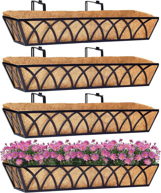 30 Inch Window Deck with Coco Liner Set of 4, 30" Window Boxes Horse Trough with Coconut Coir Liner, Metal Hanging Flower Planter Basket Deck Railing Planter Boxes for Outdoor Indoor Lawn