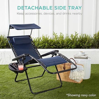 Best Choice Products Folding Zero Gravity Outdoor Recliner Patio Lounge Chair w/Adjustable Canopy Shade, Headrest, Side Accessory Tray, Textilene Mesh - American Flag