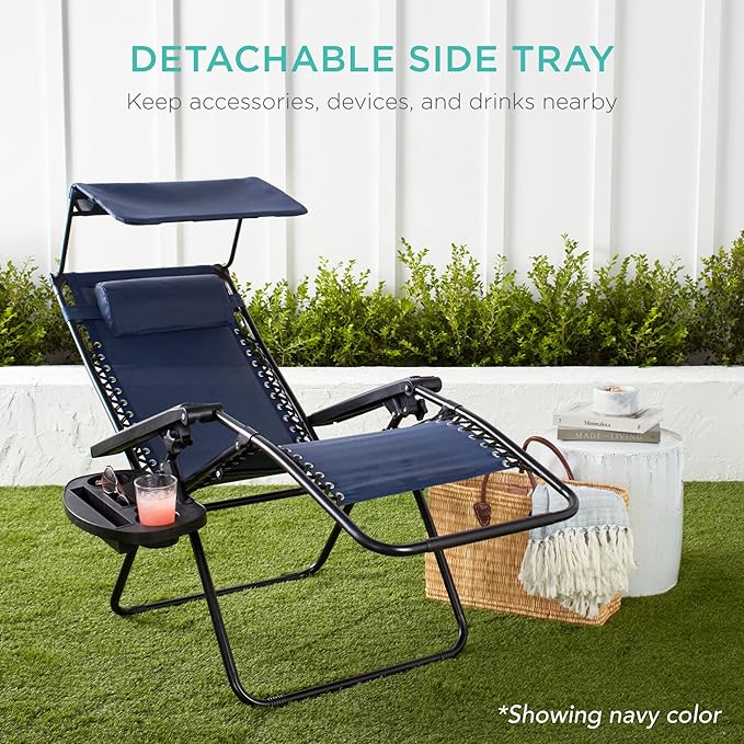Best Choice Products Folding Zero Gravity Outdoor Recliner Patio Lounge Chair w/Adjustable Canopy Shade, Headrest, Side Accessory Tray, Textilene Mesh - Mint