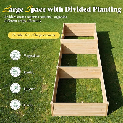 AMERLIFE 2 Tier Raised Garden Bed, Mortise & Tenon Structure 23 Inch Depth Fir Wood Planter Box, 3-Section with Open Base, Ideal for Vegetables, Flowers, Herbs in Backyard/Garden/Patio, 142x49x24 in