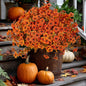 Artificial Fall Flowers Outdoor Fake Mums - 16 Bundles Fake Plants UV Resistant No Fade Faux Plastic Greenery Garden Porch Patio Fall Home Decor (Orangegreen)