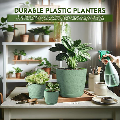 Utopia Home - Spotty Plant Pots Indoor with Drainage - 7/6.6/6/5.3/4.8 Inches Flower Pots - 10 Pack Plastic Planters - Ideal for Stocking Stuffers - (Speckled Mint, Pack of 10)
